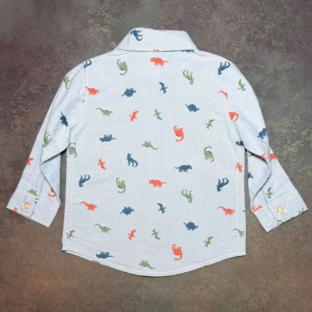 Carter’s Dinosaur Print Button Up Shirt 18M Blue Long Sleeve Toddler Boy